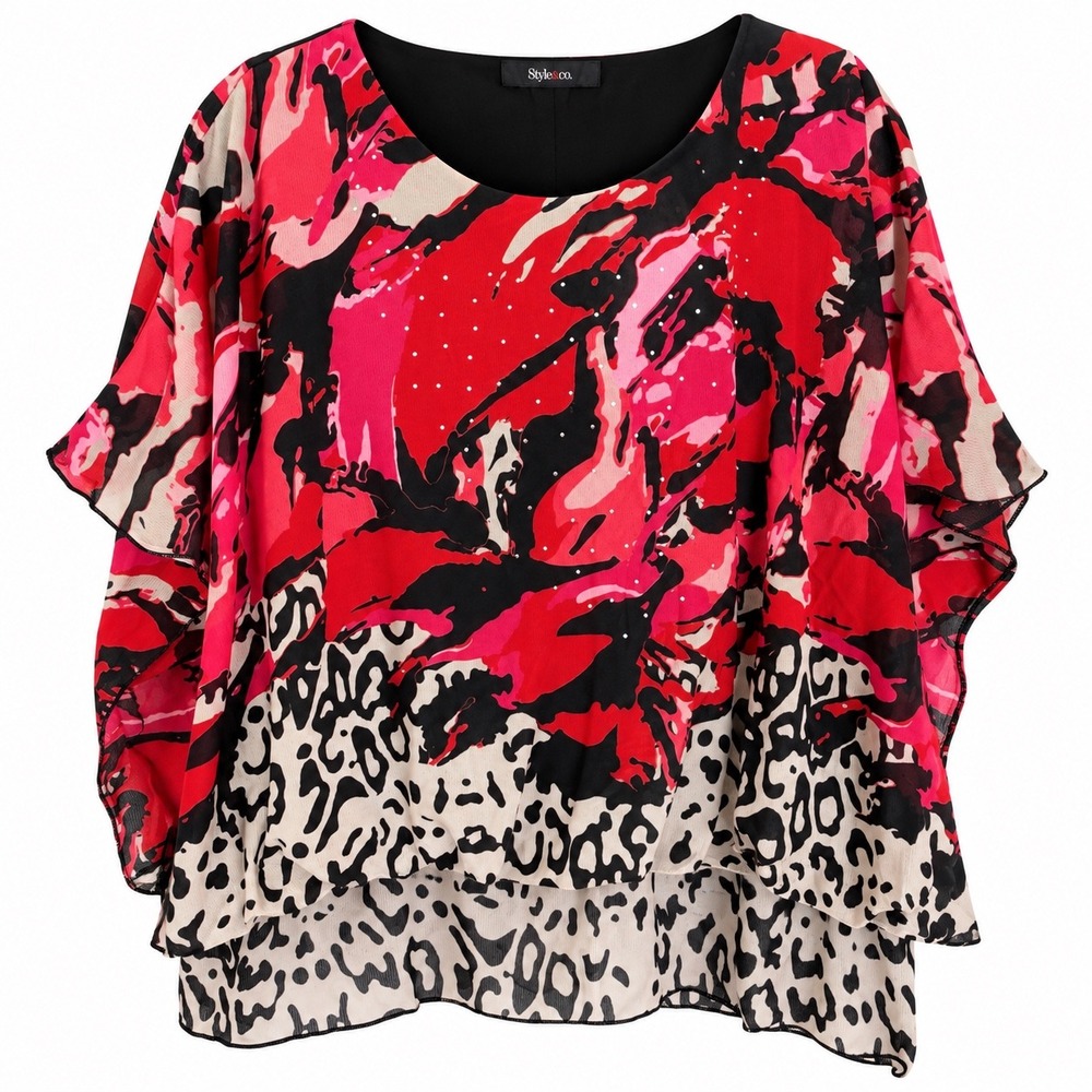 Style & Co Blouse Poncho Mesh Leopard Floral XL Red Pink Animal Print Boho Top